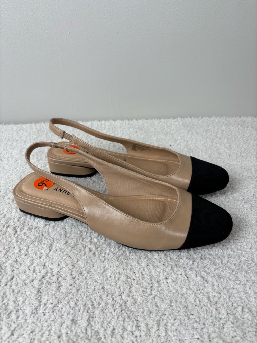 Anne Klein Beige Slingback Flats with Black Cap Toe